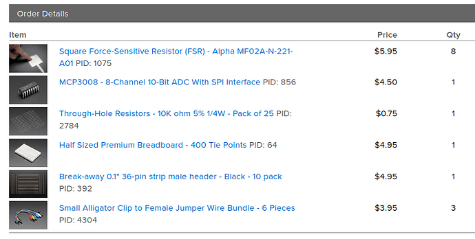 Screenshot of Adafruit order.
